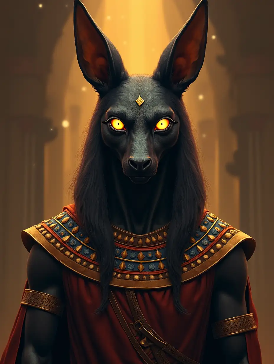 Anubis, god of death, Egyptian aesthetics, luminous eyes, clothes with ornaments, anthropomorphic creature, masterpiece, in detail, 8k, digital illustration