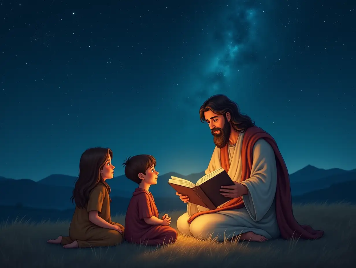 Moses shares stories with children under the starry sky, embracing each other