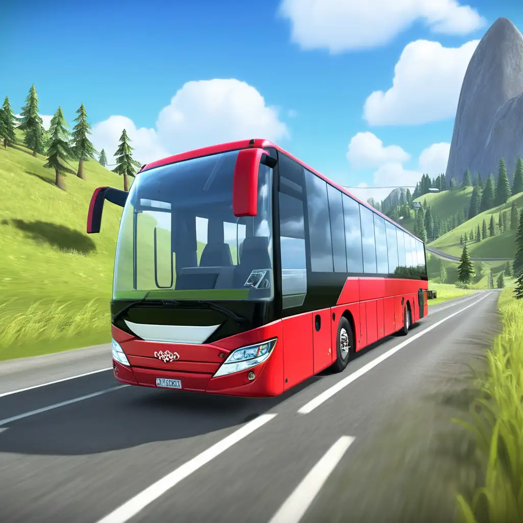 Modern Red Coach Bus Driving Offroad with Blue Sky Background