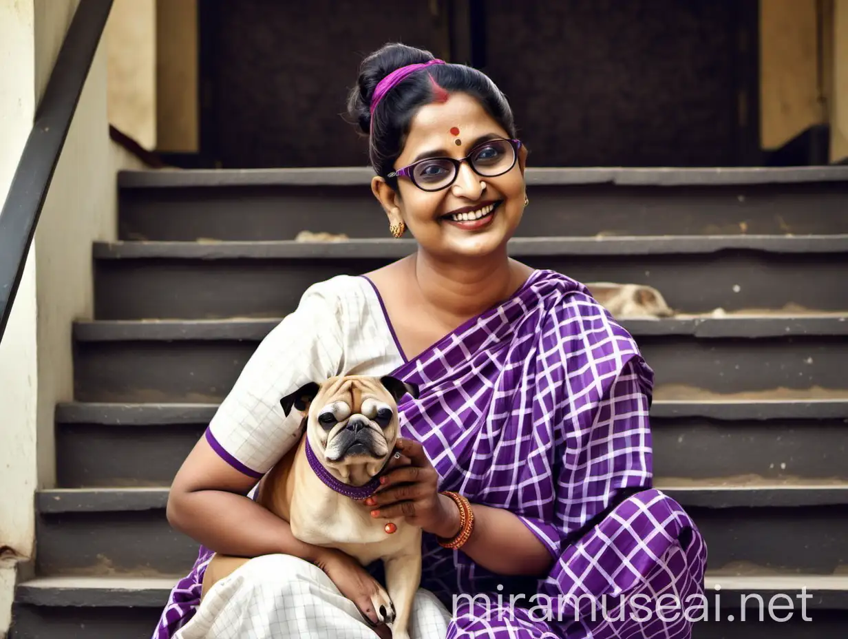 Smiling Indian Woman with Gajra Bun and Dog in Background