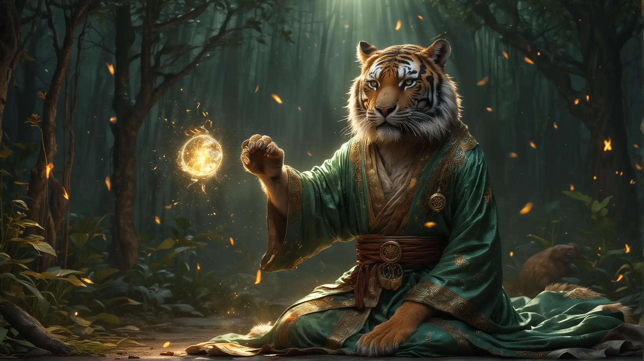 Healing Spell BeastMage Tiger in Magical Robe and Injured Rabbit