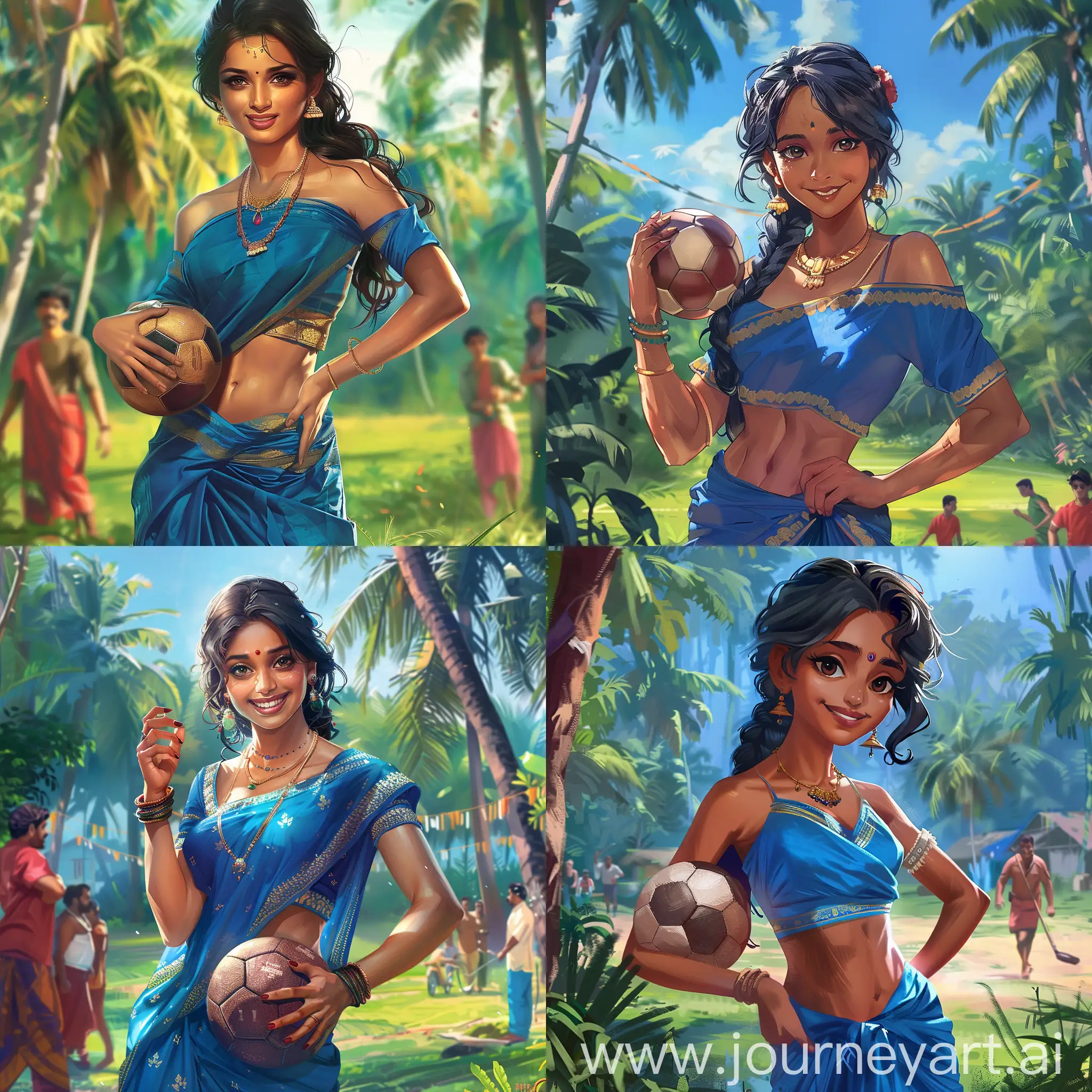 Authentic-Malayali-Woman-in-Deep-Blue-Football-Club-Dhoti-with-Football