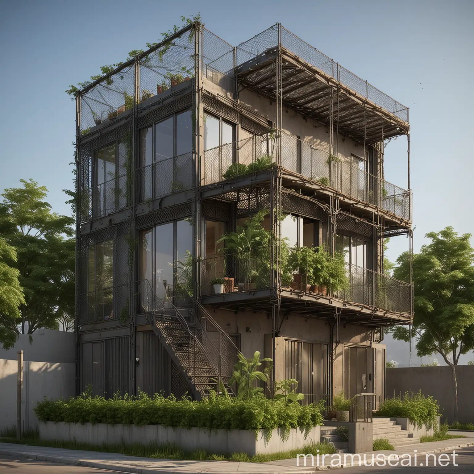 Modern EcoFriendly Steel Mesh Villa with Climbing Plants and Cargo Containers
