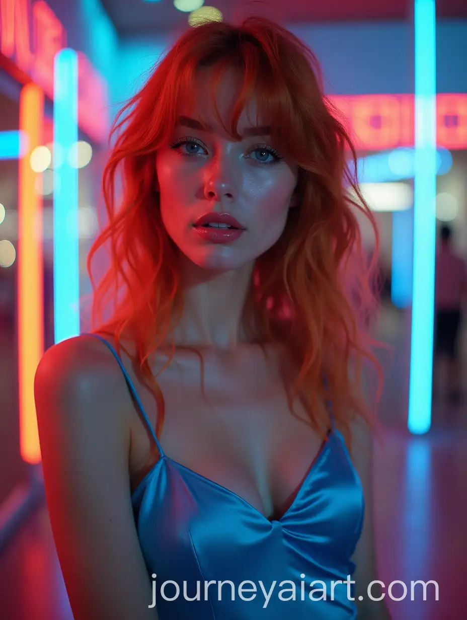 Attractive-Woman-in-Blue-Satin-Dress-with-Neon-Lights-in-Retro-Fashion-Portrait