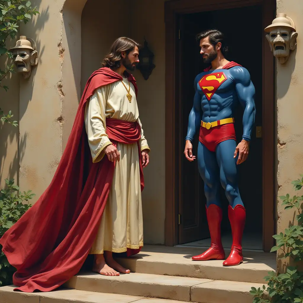 Jesus talking on the threshold of a house with a superman suit