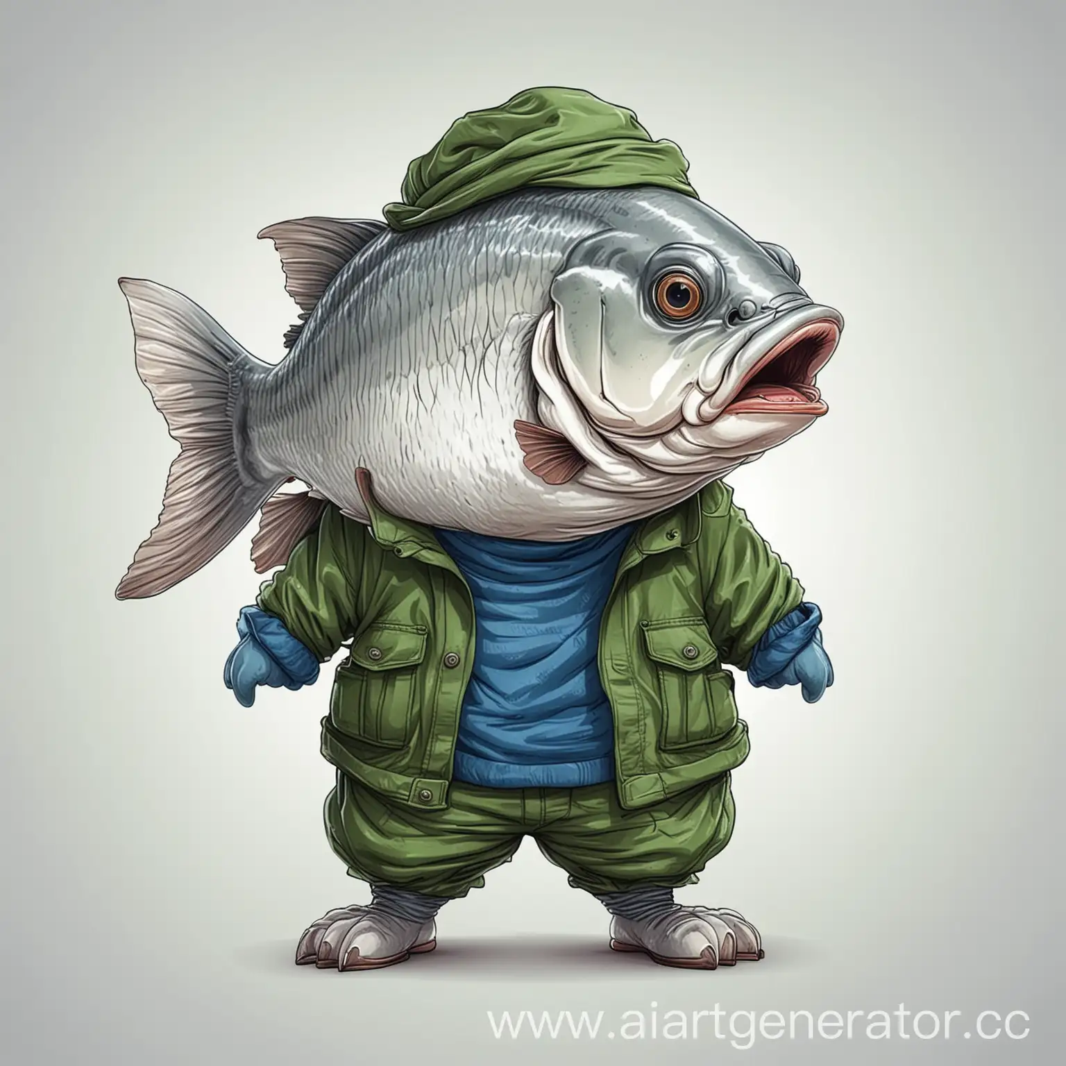 Cartoon-Friendly-Silver-Carp-in-Blue-and-Green-Clothing-on-White-Background