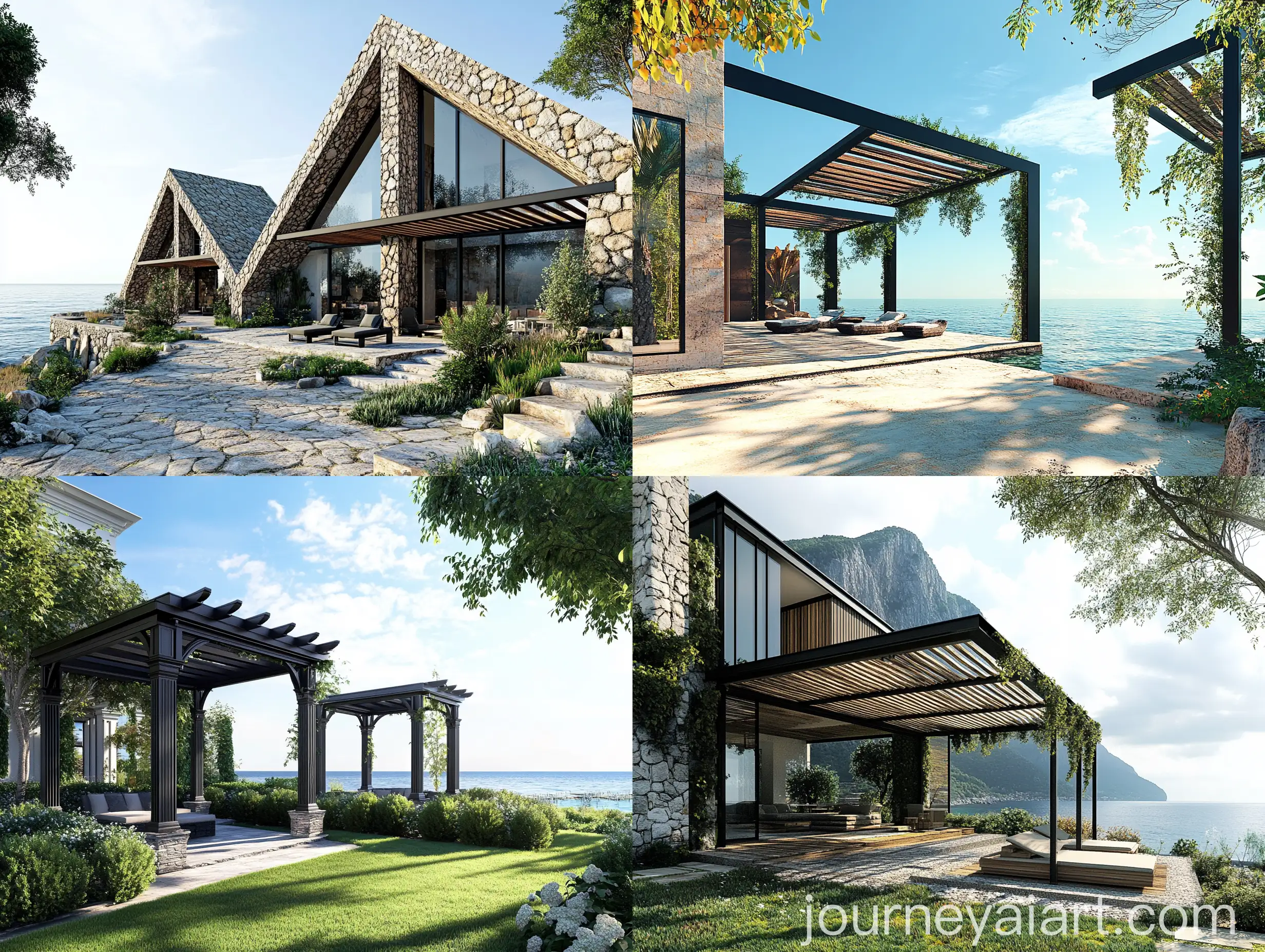 Seaside-Villa-with-Triangular-Pergolas-on-Stone-Pillars-and-Black-Steel-Frames