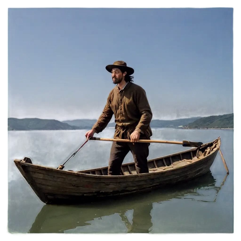 17th-Century-Fisherman-in-Boat-on-Sea-PNG-Image-with-Hill-and-Light-Background