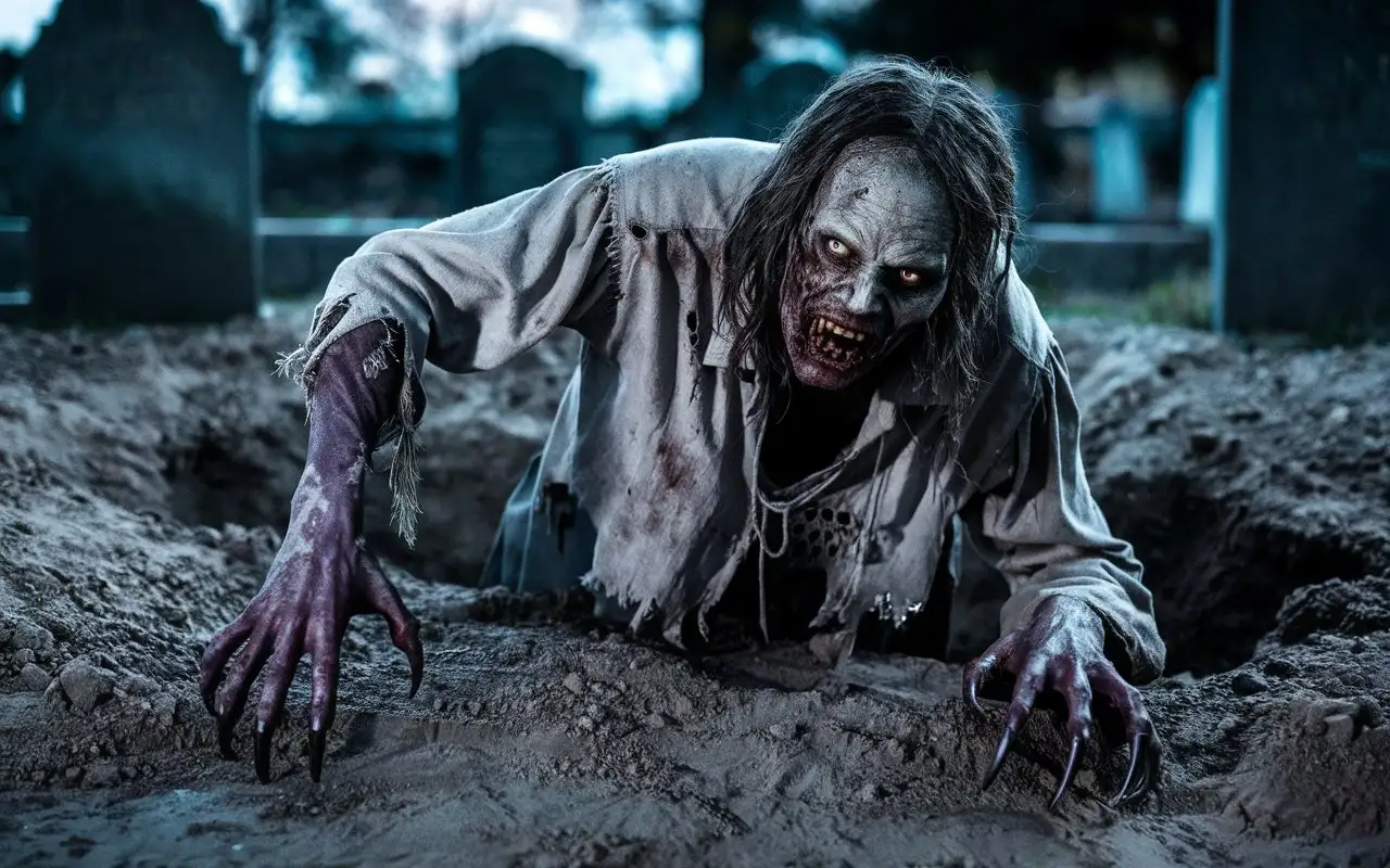 Zombie-Rising-from-the-Grave-with-Clawed-Hands-in-Horror-Scene