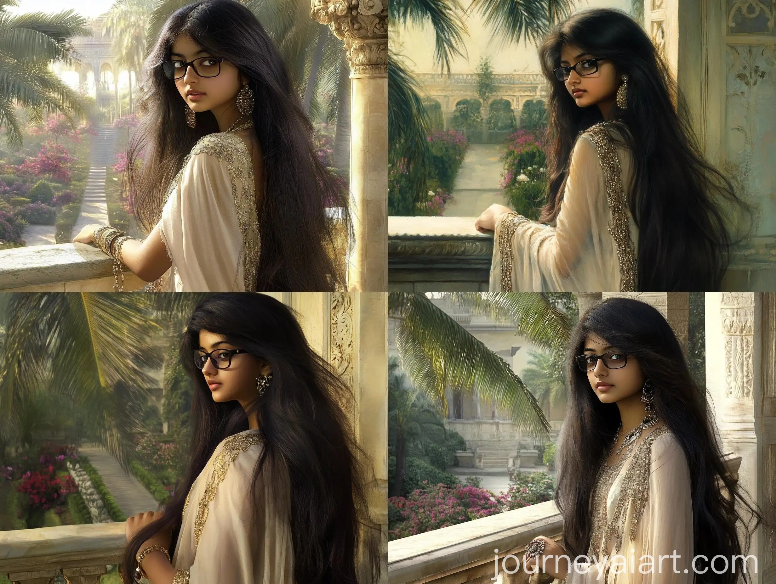 Arab-Princess-in-Elegant-Gown-on-Marble-Balcony-Overlooking-Palace-Garden