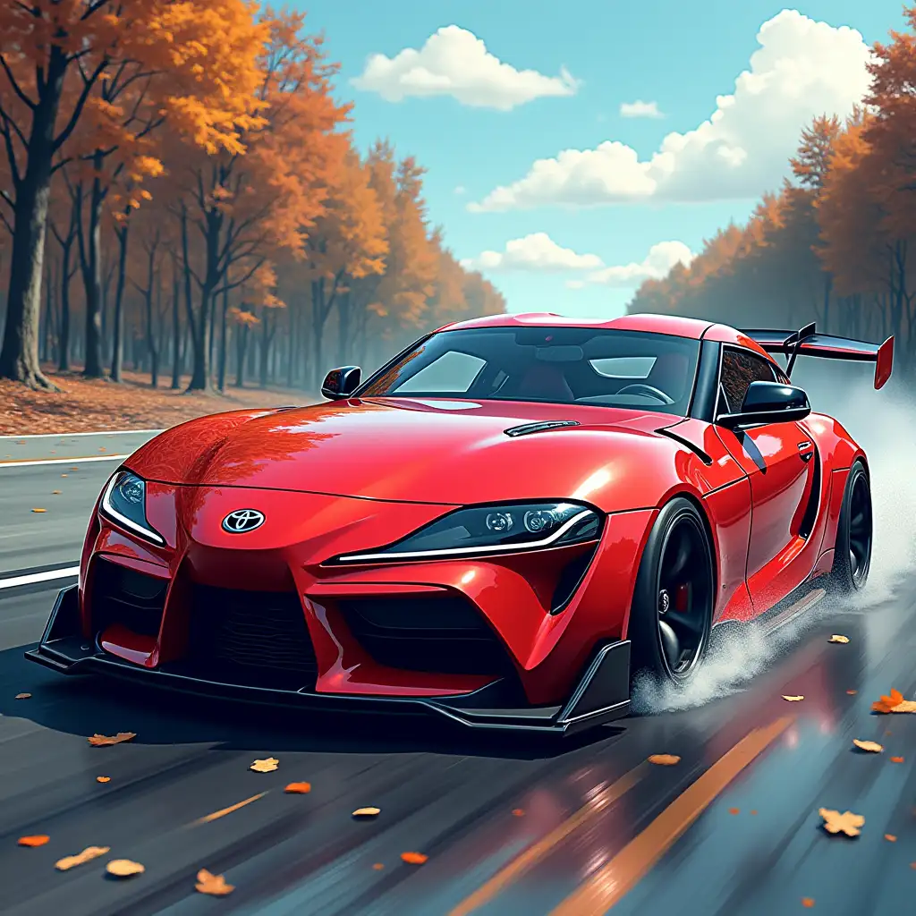 street racing car; red; toyota supra; game style; more stickers; environment around;