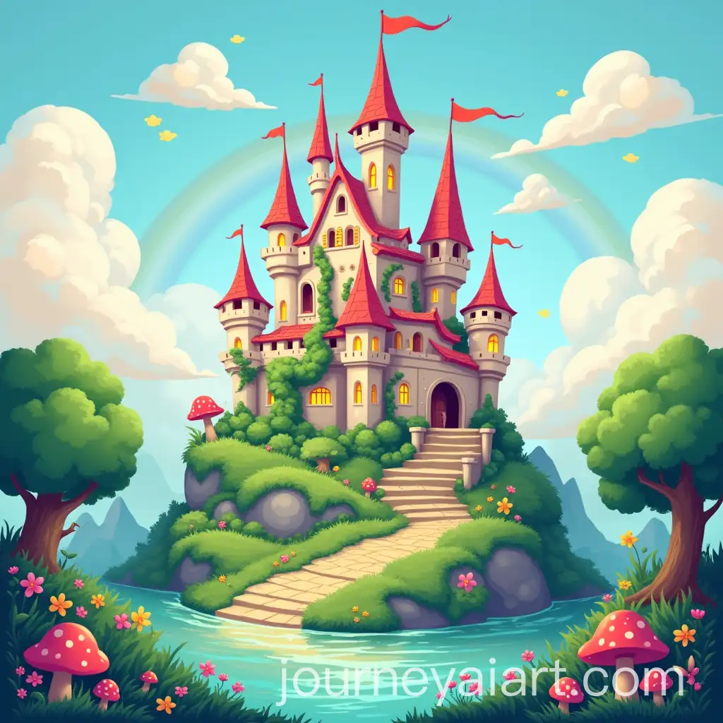 Whimsical-CartoonStyle-Magical-Castle-Surrounded-by-Enchanted-Landscape