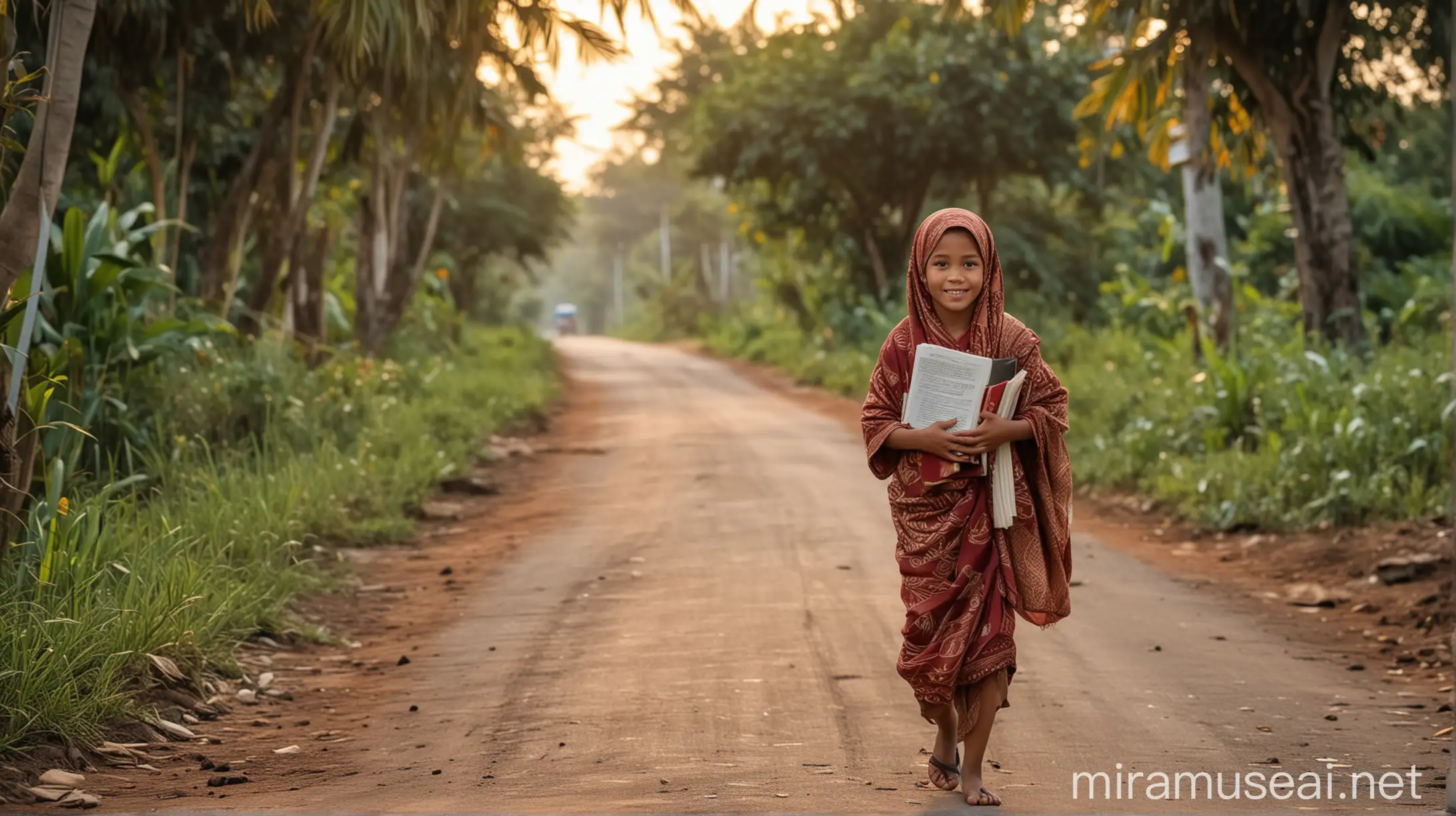 Child Exploring Indonesian Village in Traditional Muslim Attire with Book