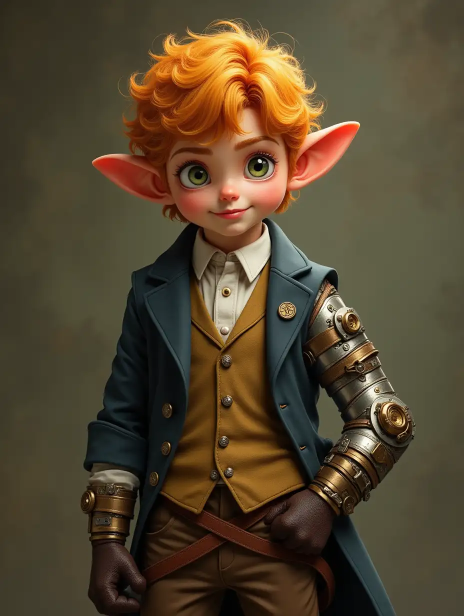 A sheepish, shy halfling hobbit man with strawberry-blond hair wearing formal 1920s clothes and a steampunk arm brace on his left arm.