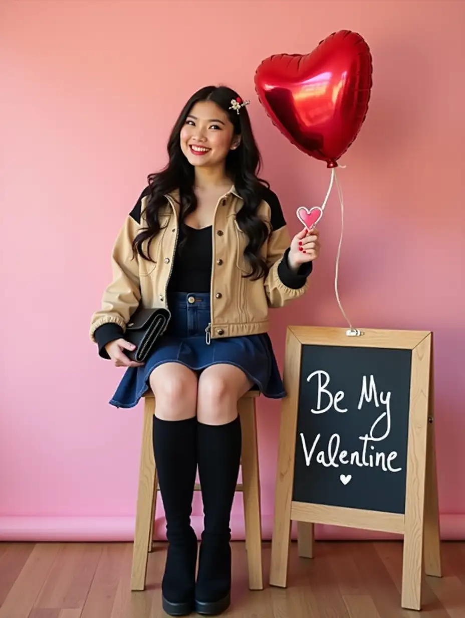 Young-Woman-in-Stylish-Beige-Jacket-Posing-with-Love-Balloons-on-Valentines-Day