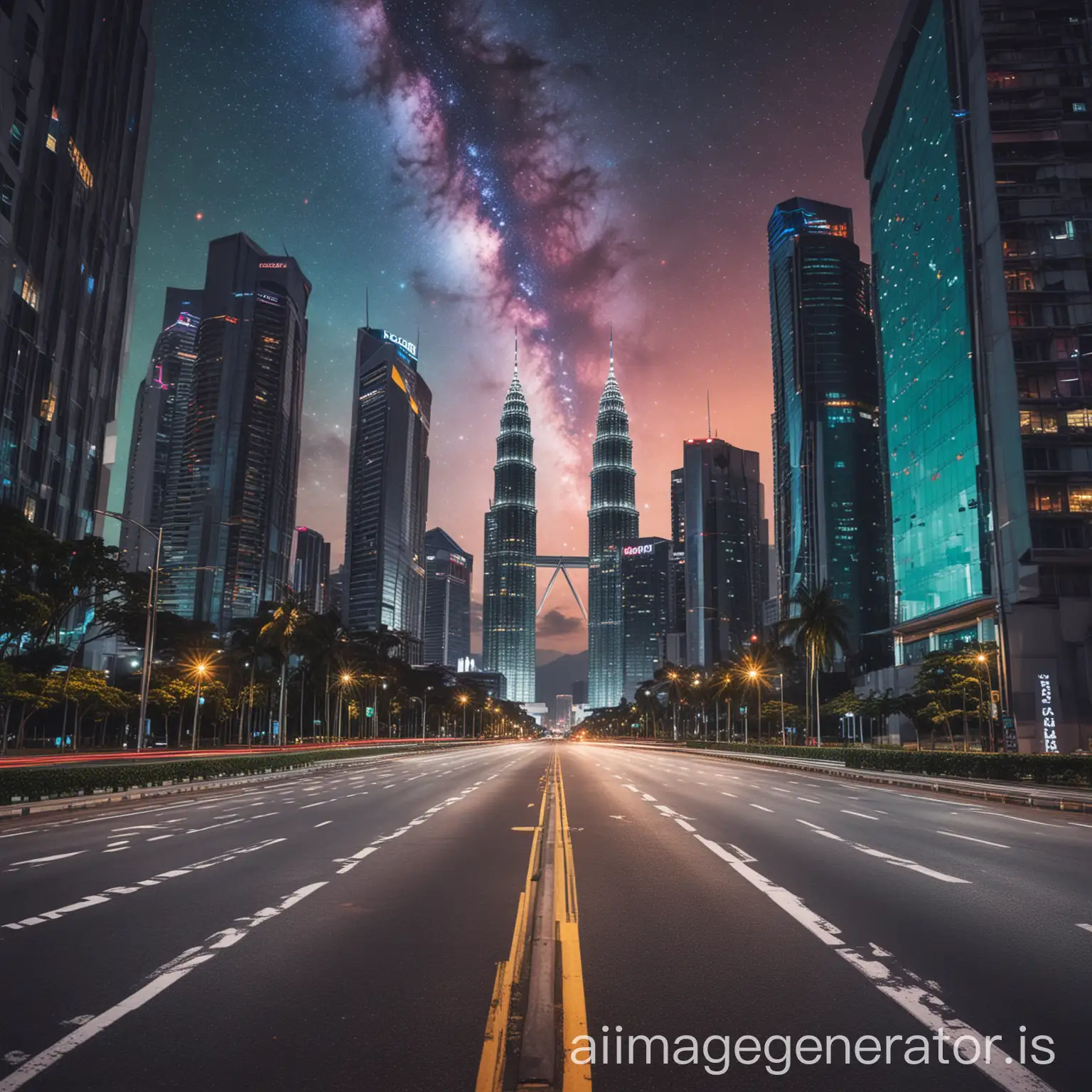 colouful urban city empty roadside. sky with stars and fantasy planet. modern architecture with KLCC and luala lumpur city. land took 35% from the image. empty street, a bit moving effect