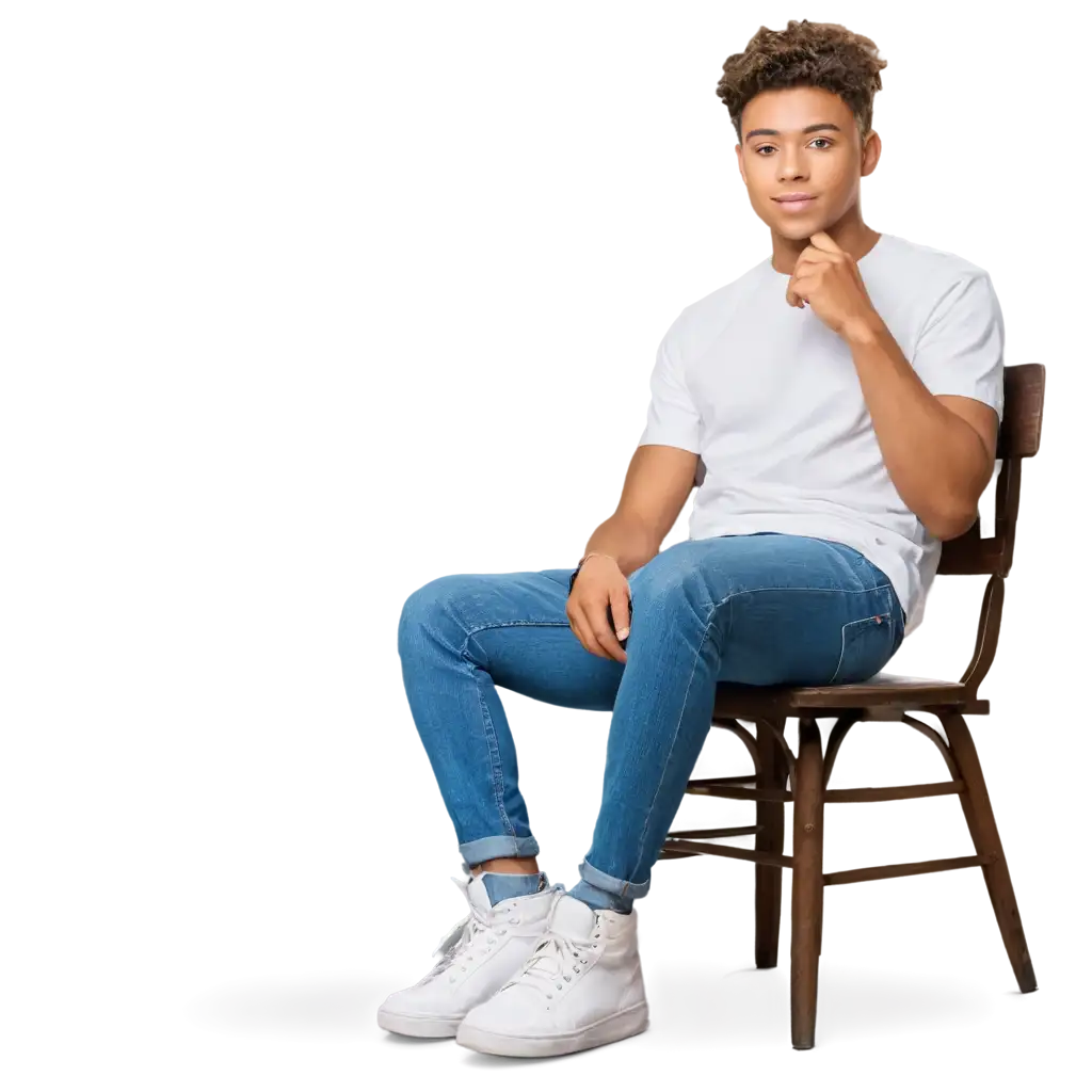 Ultra-Realistic-PNG-of-a-Handsome-Java-Man-with-Light-Brown-Skin-Wavy-Hair-White-Tshirt-Blue-Jeans-and-Sneakers-Sitting-on-a-Chair