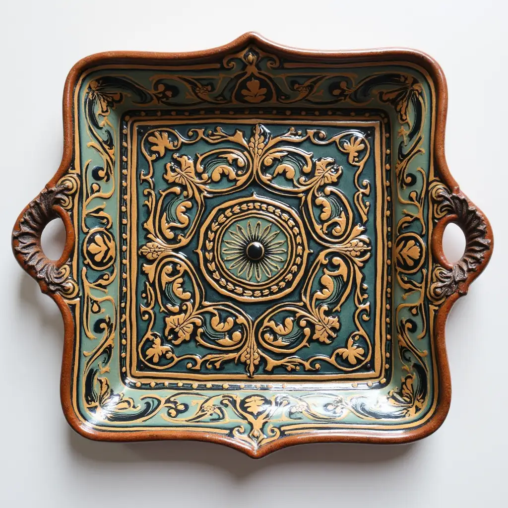 Square with rounded corners ceramic serving dish withe embossed beautiful handle, antique and old, Qajar art, Iranian Tabriz carpet design