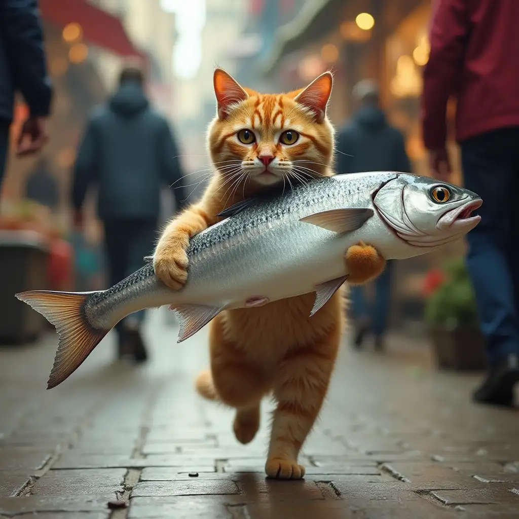 A cat on its back legs running like a human is holding a big silver fish with its arms. The cat is running away from the shop owner and has a panicked look on his face. The scene is situated in a crowded market.