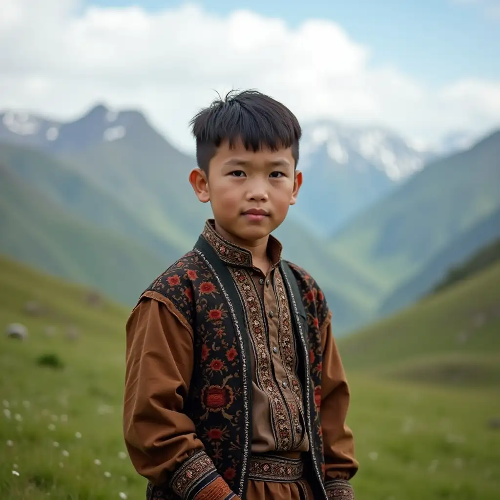 17YearOld-Boy-in-Kazakh-National-Clothes-with-Mountain-View