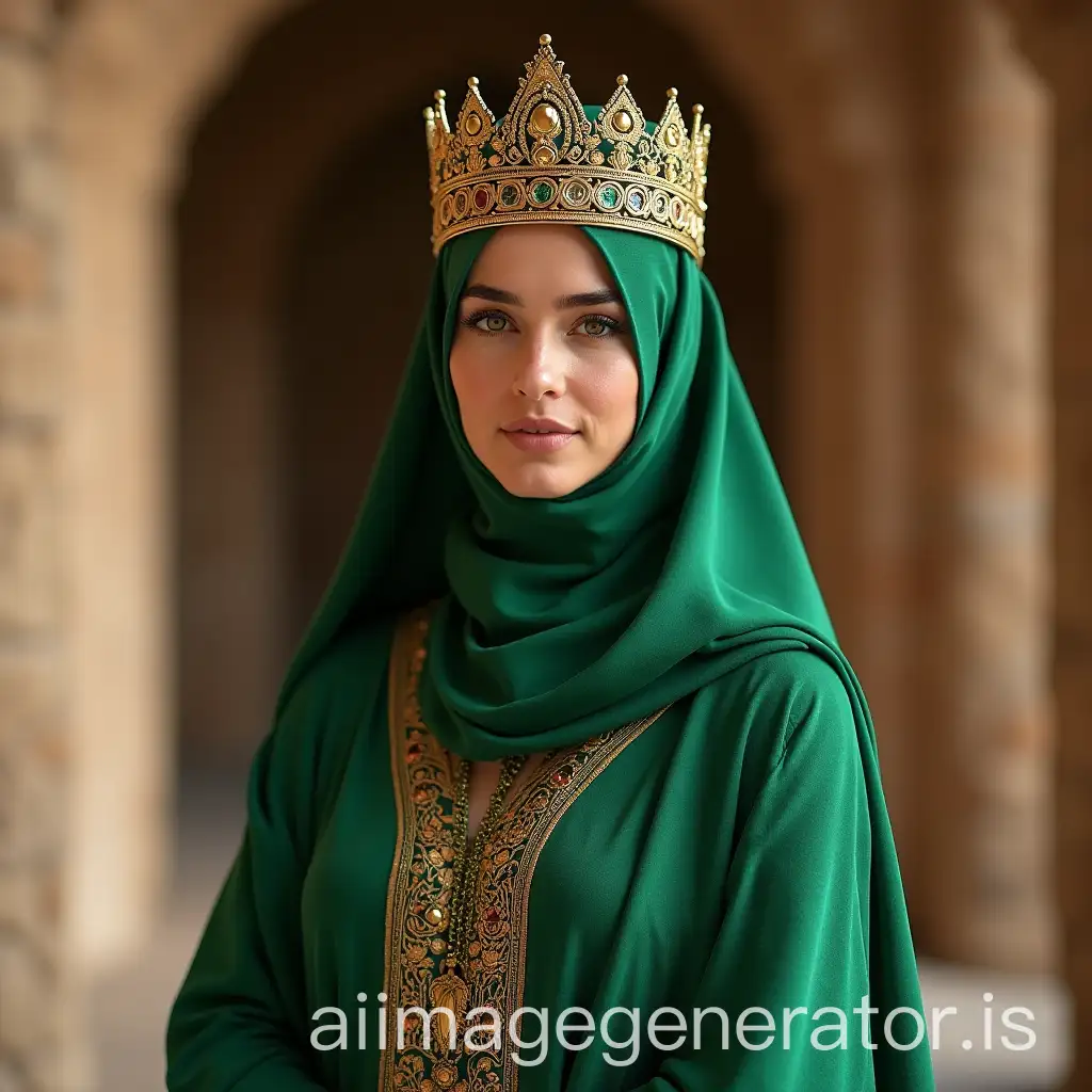 Bilquis queen of Sheba in Arabic green dress and crown in the holy place