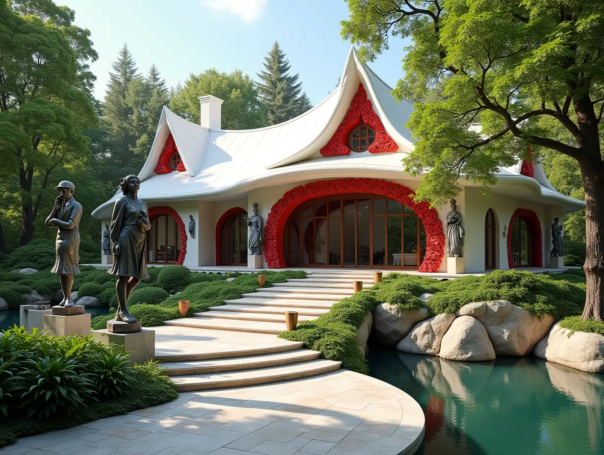 crooked house garden -with bronze Statues with red ornaments in the form of triangular patterns, white roof, large windows with glass, curved, rough window shapes, winding grand entrance steps made of marble a small waterfall complex bent roof, lanterns, bench apple tree 4K resolution colorful superWide-angle shots