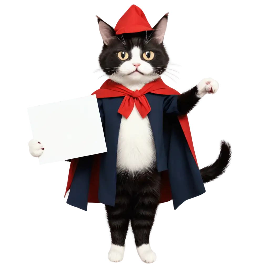 Cat-with-Black-Hat-and-Red-Cloak-Holding-Blank-Canvas-HighQuality-PNG-Image-for-Creative-Projects