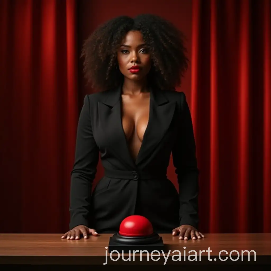 Curvy-Black-Woman-in-Stylish-Jumpsuit-Behind-Studio-Desk-with-Red-Buzzer