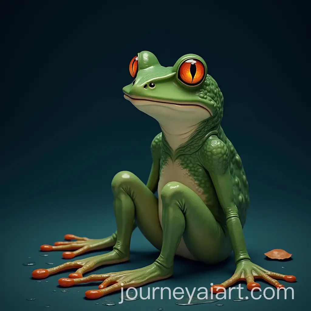 Frog-Girl-Sitting-and-Staring-at-the-Camera-with-Skin-Pieces-Under-Her-Feet-at-Night