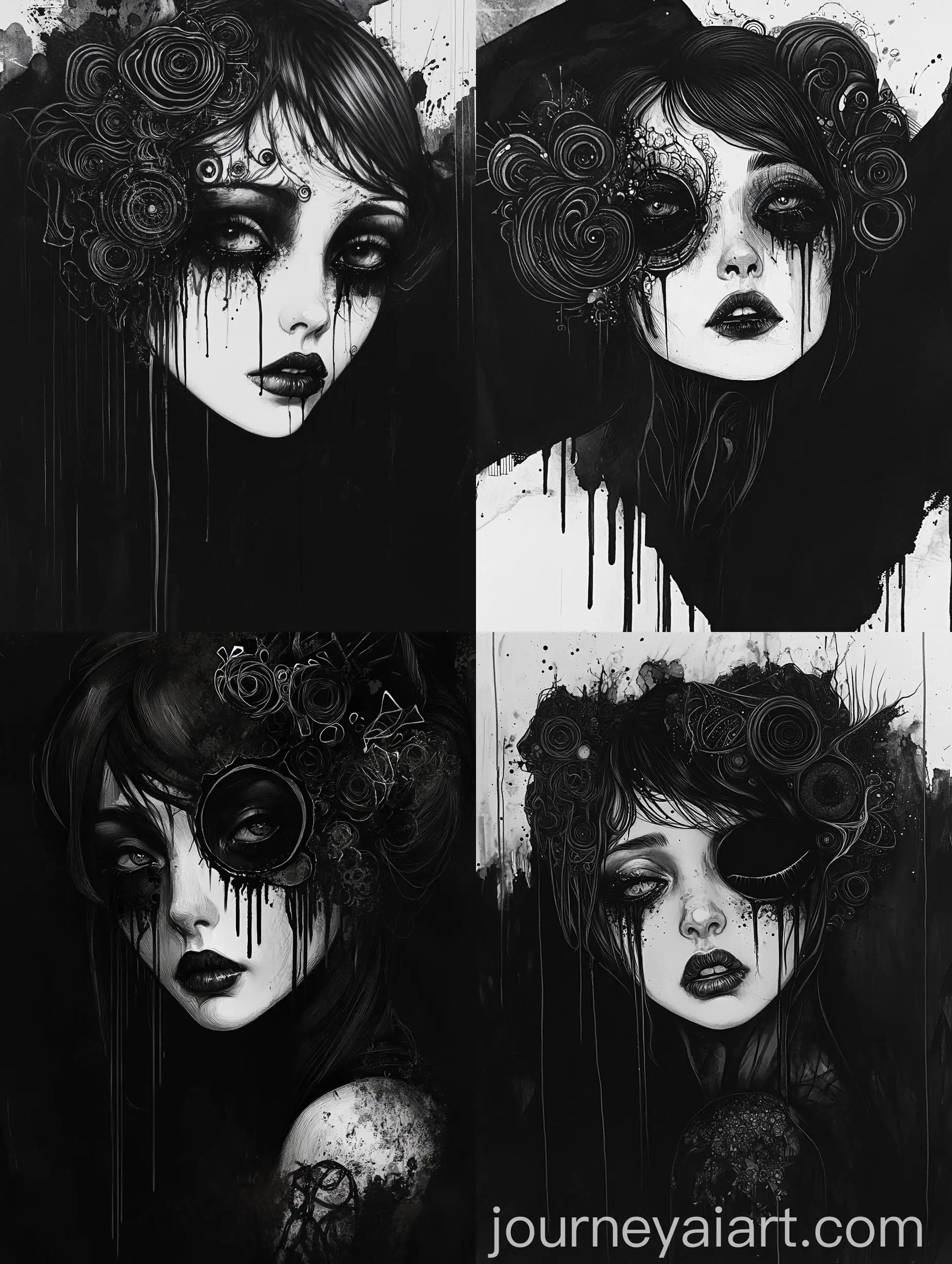 Portrait-of-a-Young-Woman-with-Flowing-Black-Hair-and-Ink-Splashes