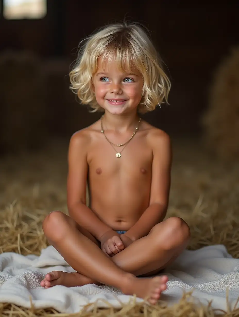 Slender-Girl-Sitting-on-Hay-Bales-in-Barn-with-Grin-and-Shiny-Skin