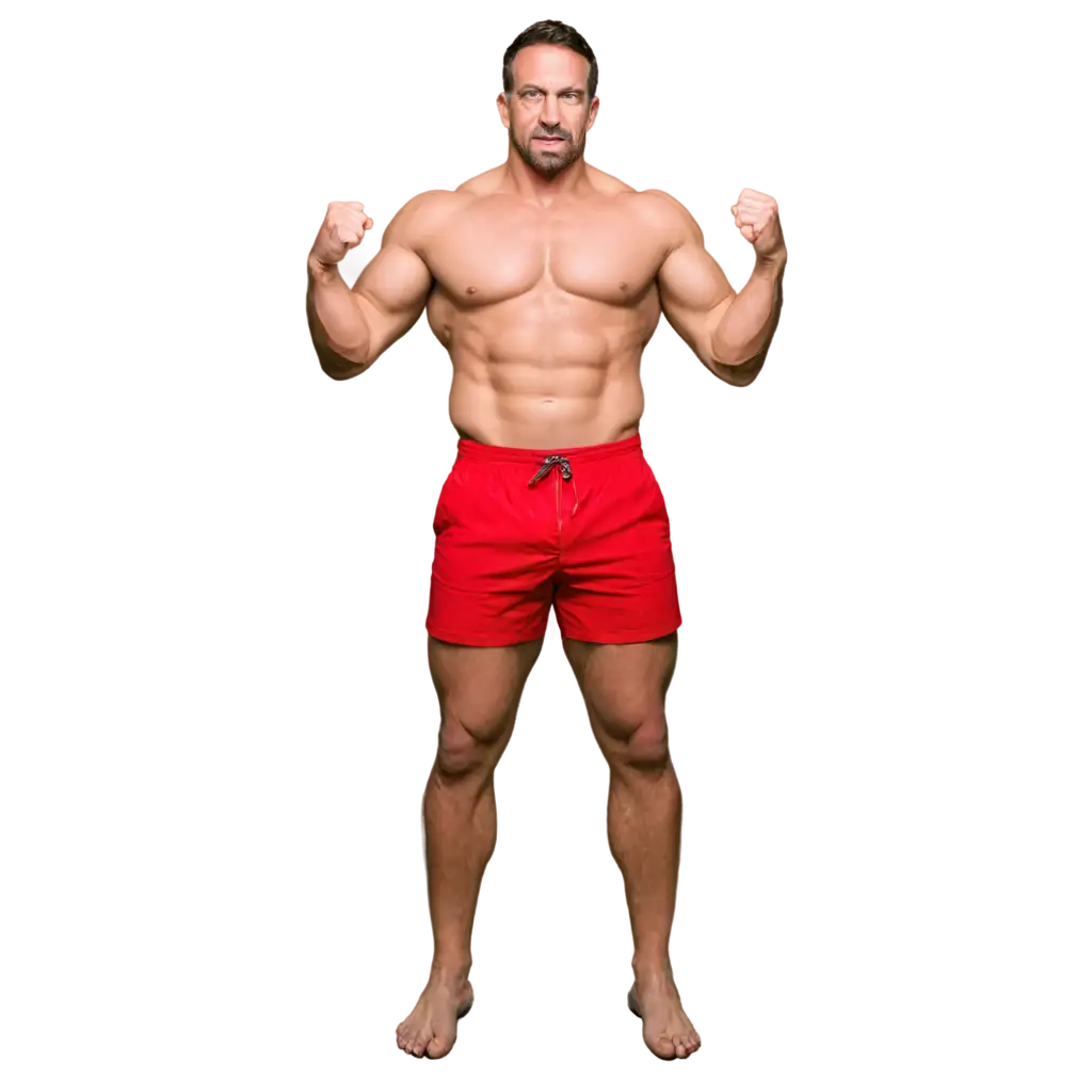 Powerful-PNG-Image-of-a-Muscular-Man-Flexing-Biceps-in-Red-Shorts