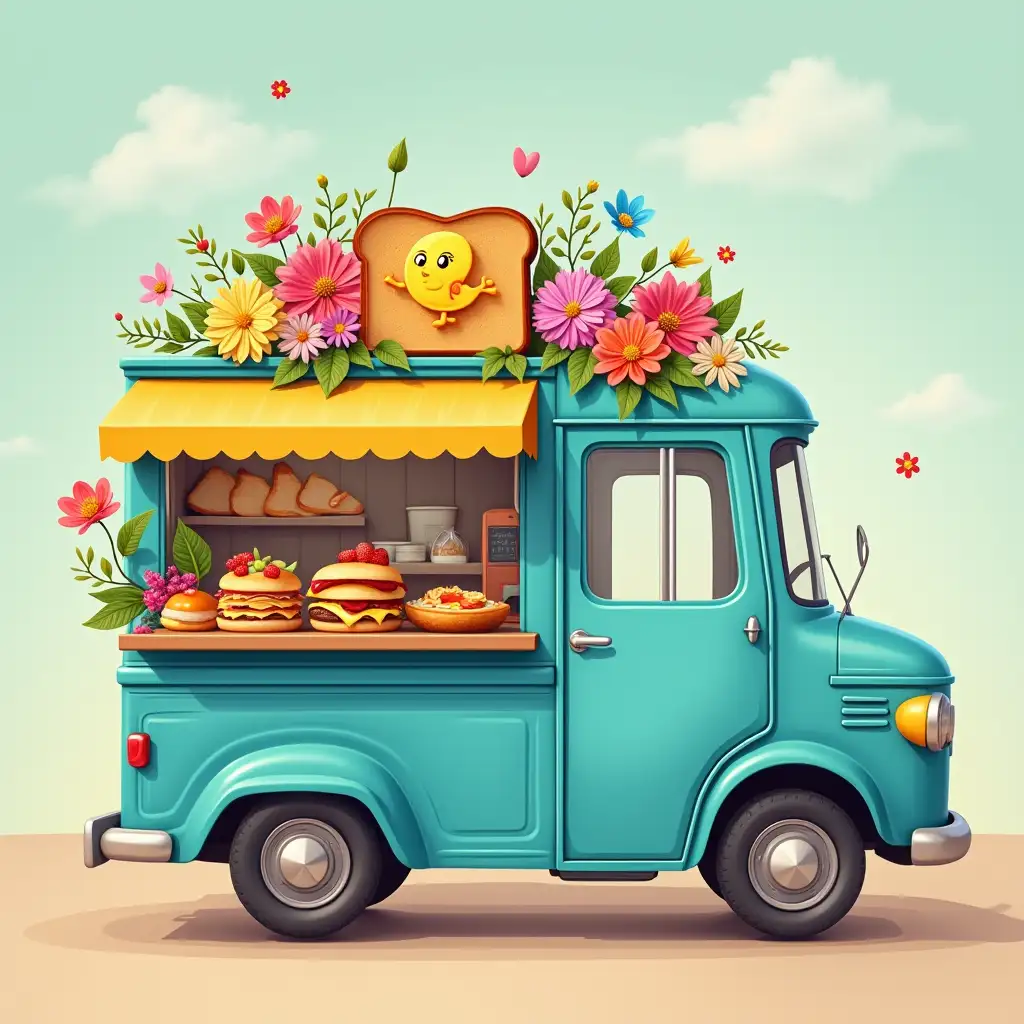 Vintage retro blue foodtruck for boxes of brunch and breakfast, with a yellow logo of a running toast, surrounded by colorful flowers