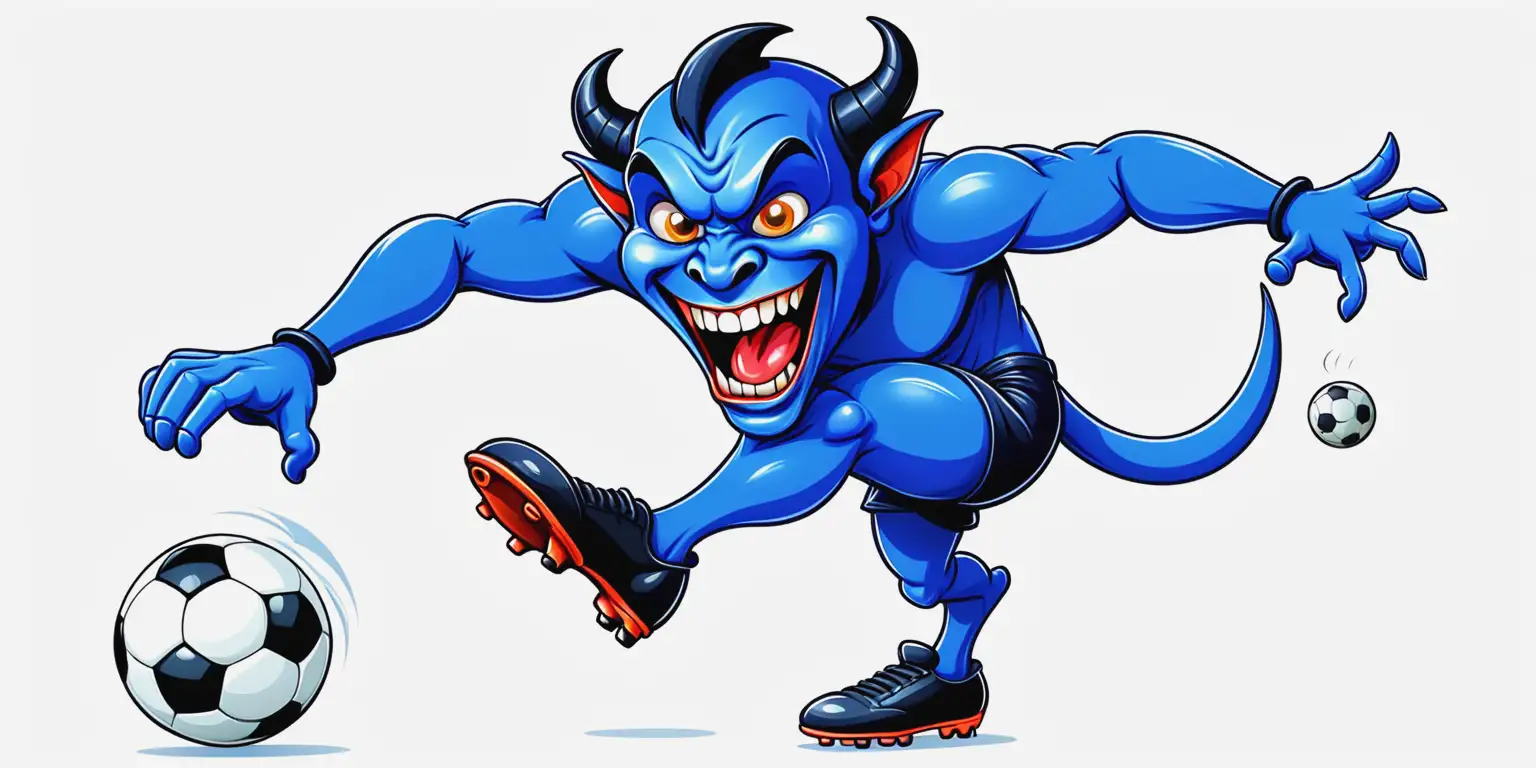 Playful Blue Devil Kicking Soccer Ball Cartoon Illustration