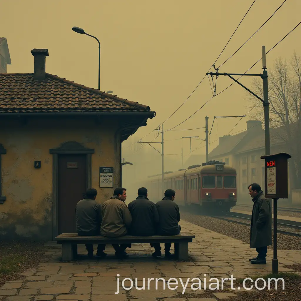 Dilapidated-Railway-Station-with-Men-Waiting-and-Express-Train-Passing