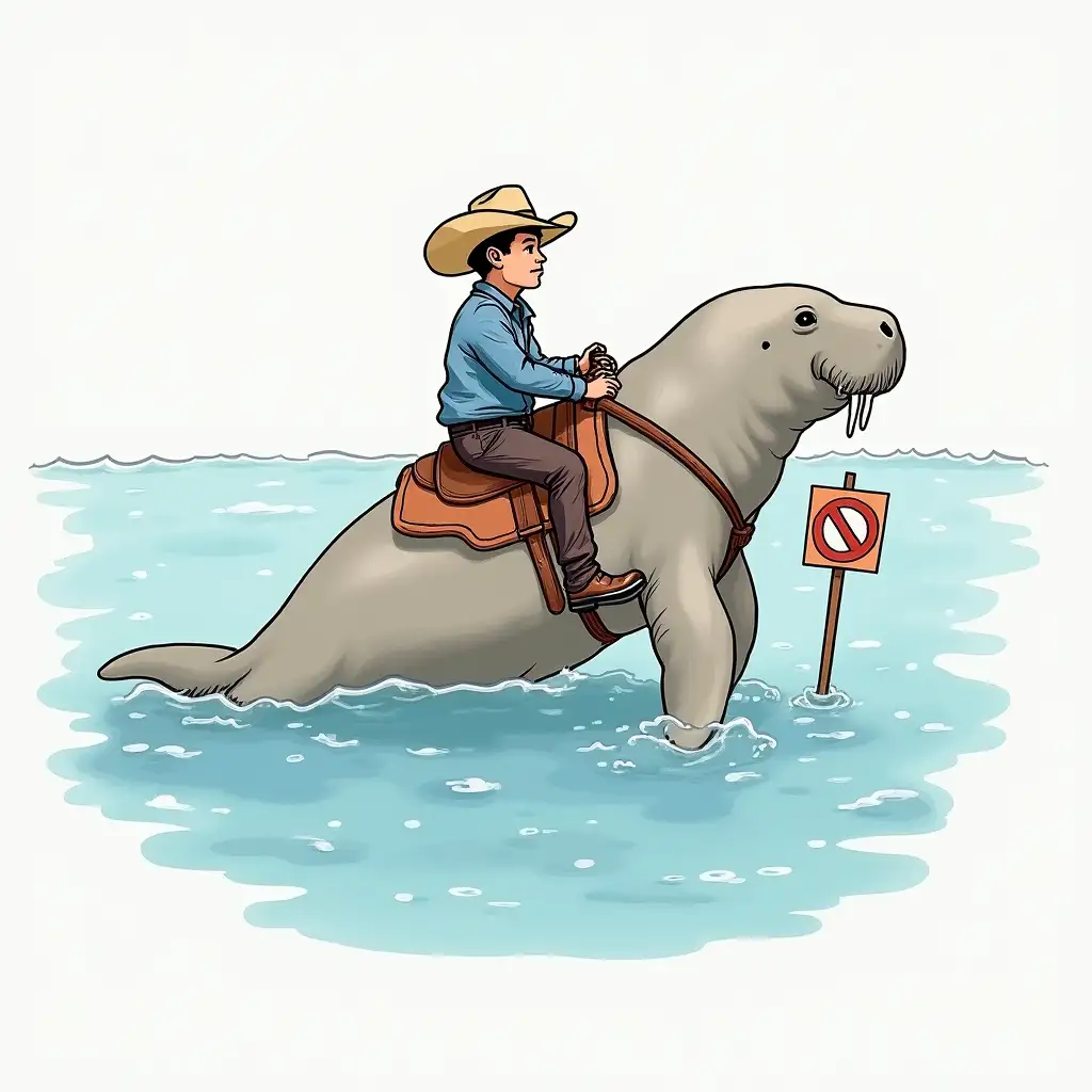 Draw a picture of a cowboy riding a manatee in clear water. The manatee should have a saddle on it. There should be a sign with a caption that says no manatee riding