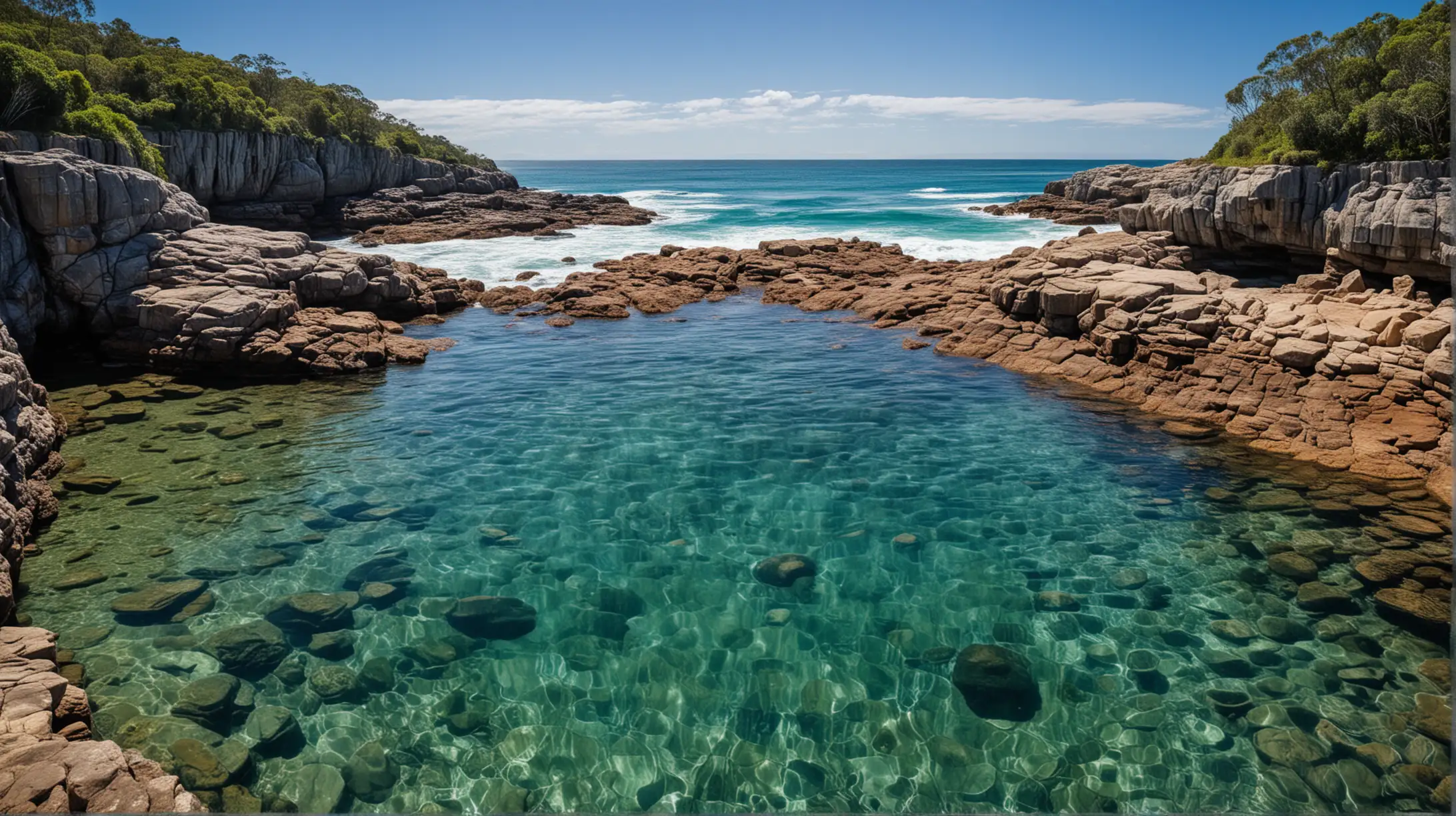 Calm Clear Blue Water Splashing into Rock Pools in Nambucca Heads NSW Australia