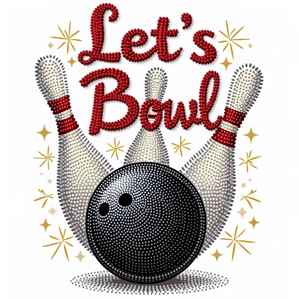 A bold and sparkling rhinestone-style design on a white background, featuring a large bowling ball made entirely of black rhinestones with shading effects for depth. Surrounding it are three bowling pins, also designed in a full rhinestone effect with white and red rhinestones for realistic detail. Above the ball and pins, the phrase ‘Let’s Bowl’ is arranged in a big, bold arch with a red and white outline, ensuring enough space to apply real rhinestones. The entire design is created with spaced rhinestone patterns, making it easy to place actual rhinestones on top. Additional sparkle effects add extra shine and excitement.