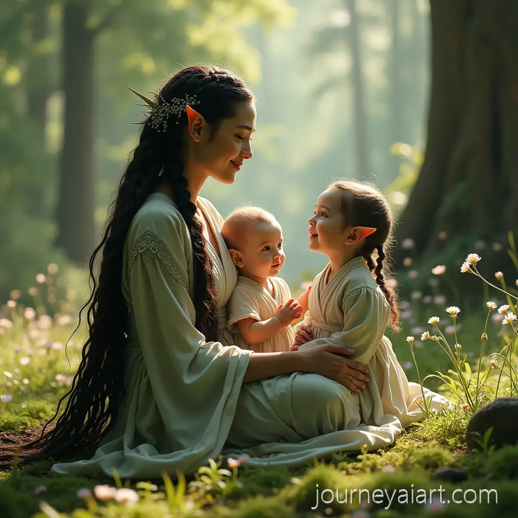 Serene-Elven-Woman-with-Twin-Infants-in-Sunlit-Forest-Clearing