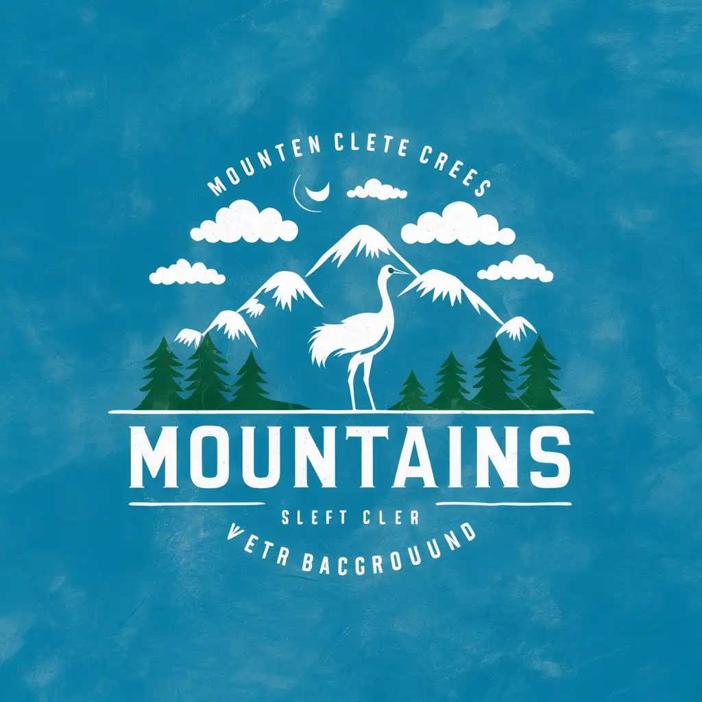 a vector logo design,with the text "Mountains, white crane, trees, blue sky white clouds", main symbol:white crane,Moderate,clear background