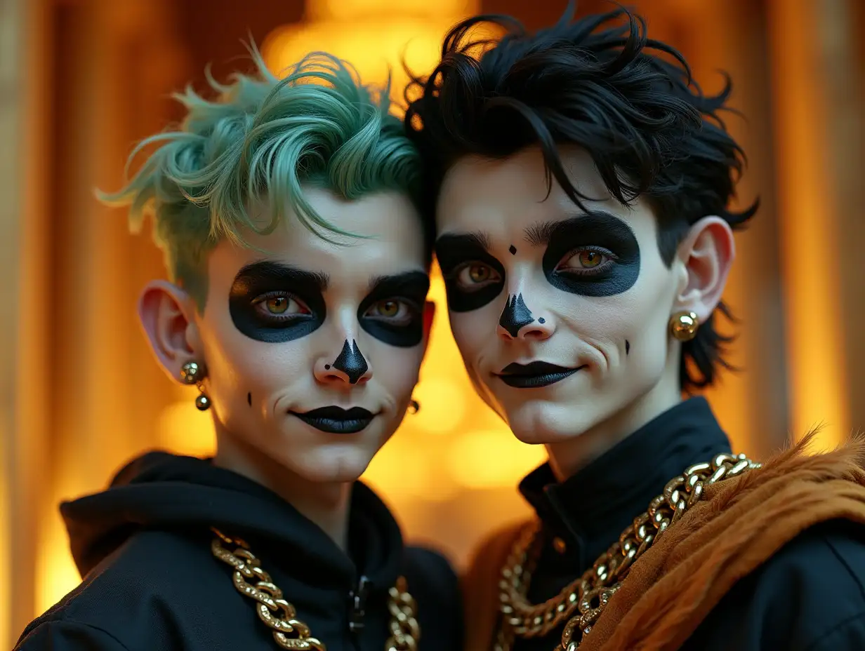 Two young men with black and white patterned faces, alien features, rose green hair, a slight smile on their faces, accentuating their smiles, wearing modern retro jewelry, in a temple with much gold in various shades 4k