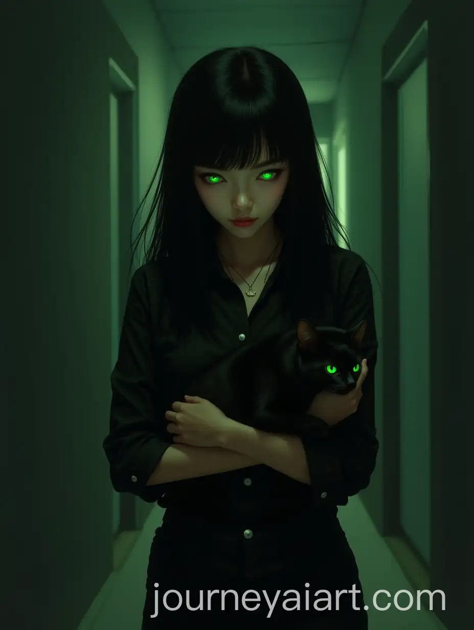 Young-Asian-Woman-with-Glowing-Green-Eyes-Holding-a-Black-Cat-in-Dark-Corridor