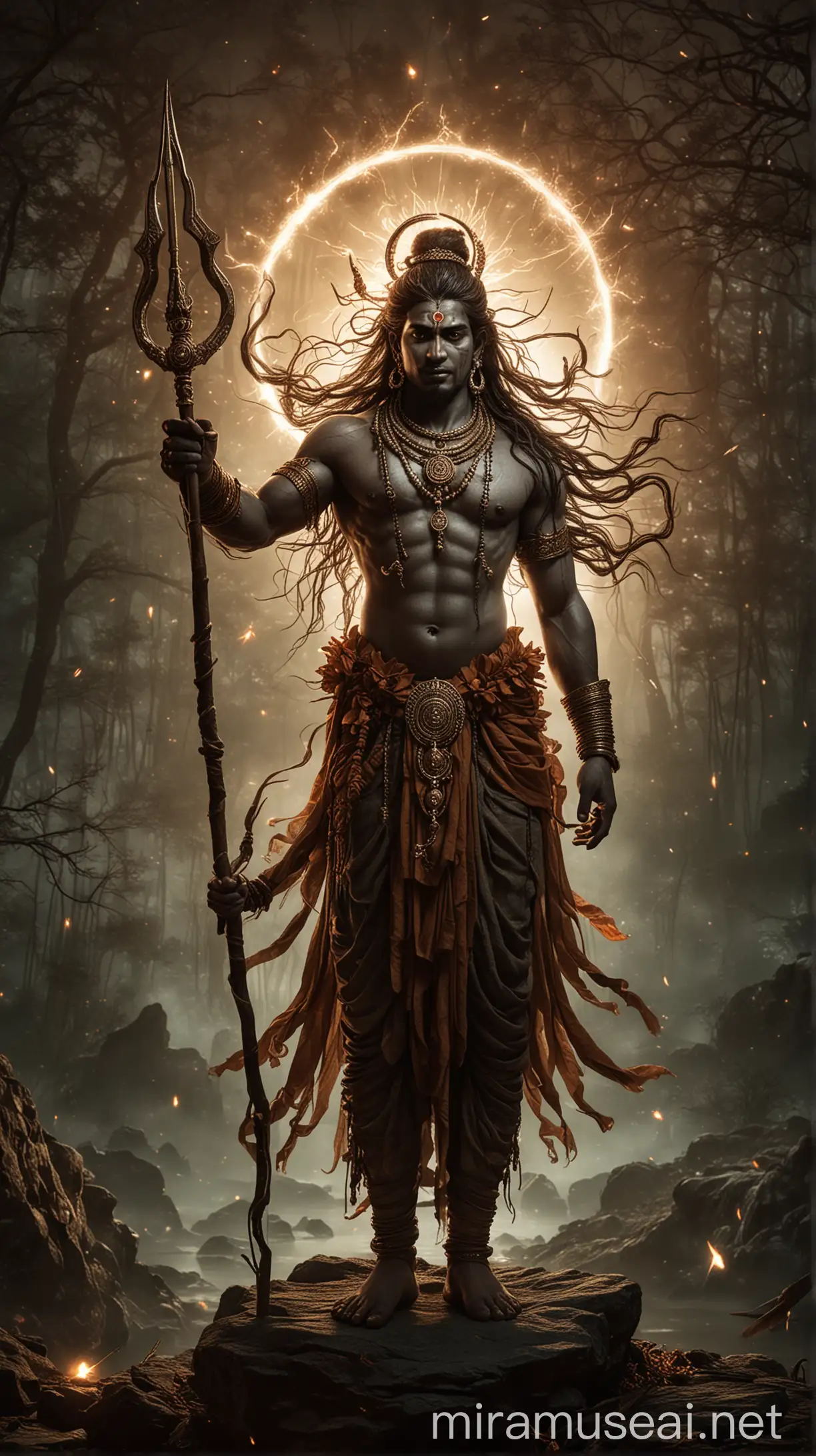 Hindu God Mahadev with Trident and Rudraksha in Mystical Setting