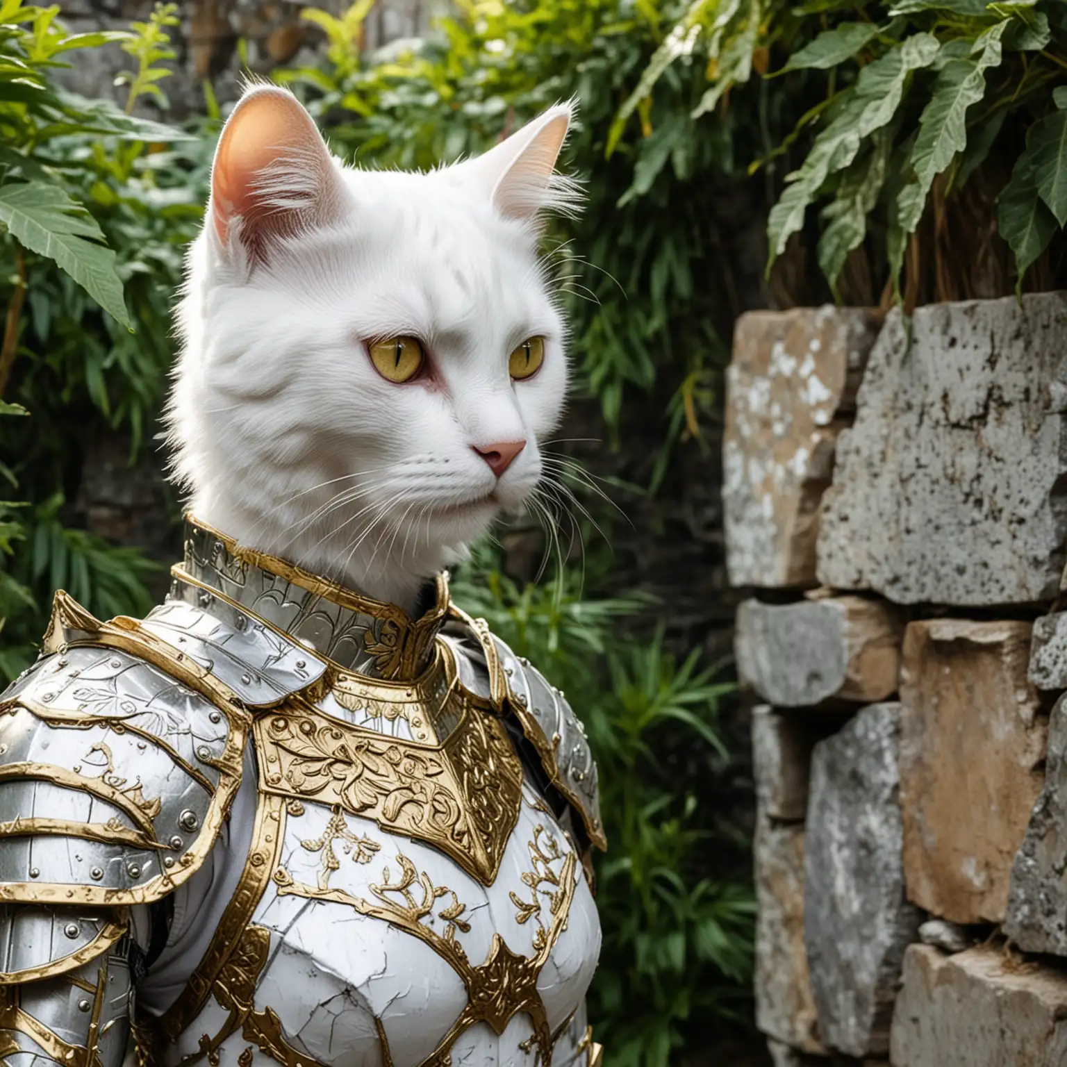 white furry cat-girl in scrapped shiny silver armor with golden patterns with scars on her face stand in front of garden stone wall covered by lush plants