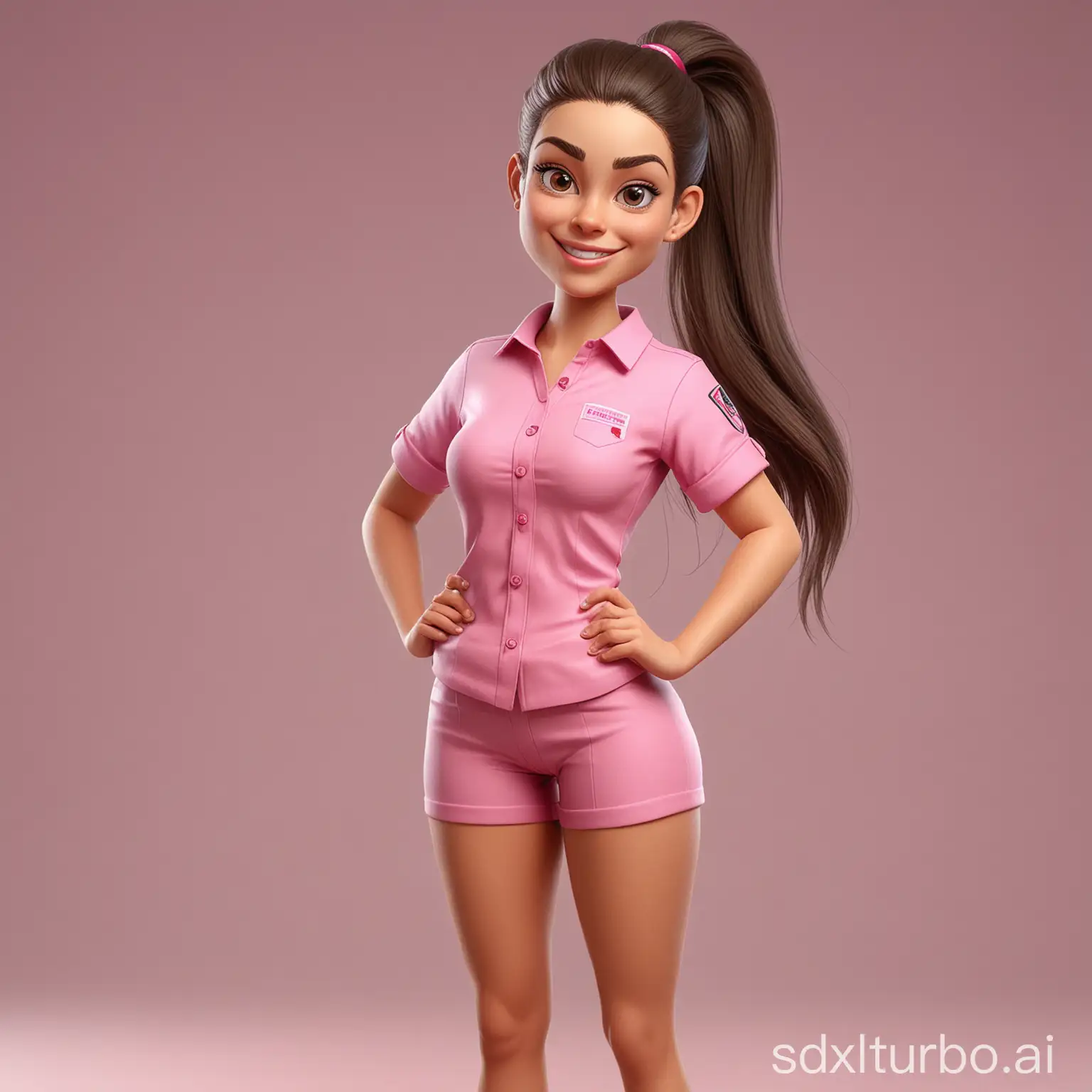 Realistic-Cartoon-Style-3D-Caricature-of-a-23YearOld-Woman-in-Pink-Uniform