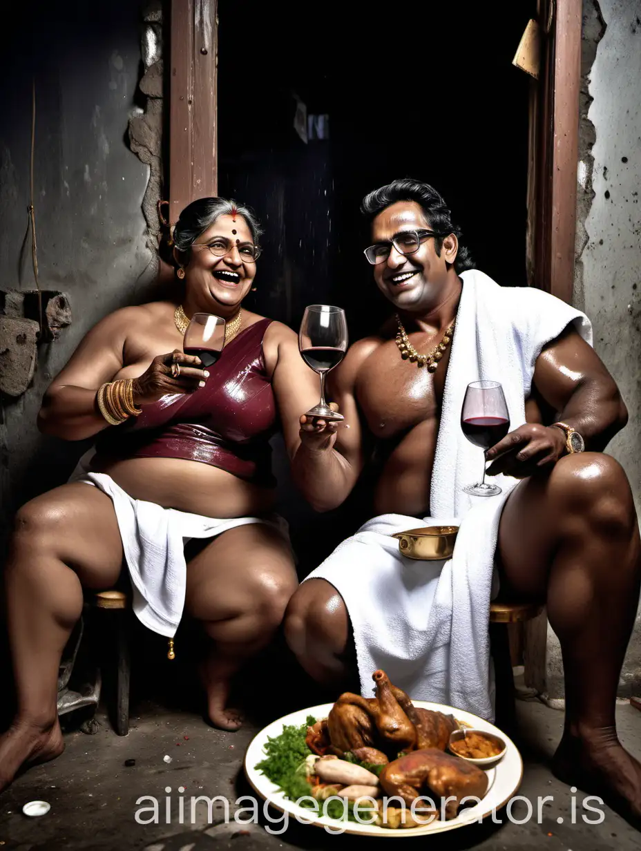 Indian-Bodybuilder-and-Curvy-Woman-Enjoying-Chicken-Tandoori-Selfie-in-Rainy-Night