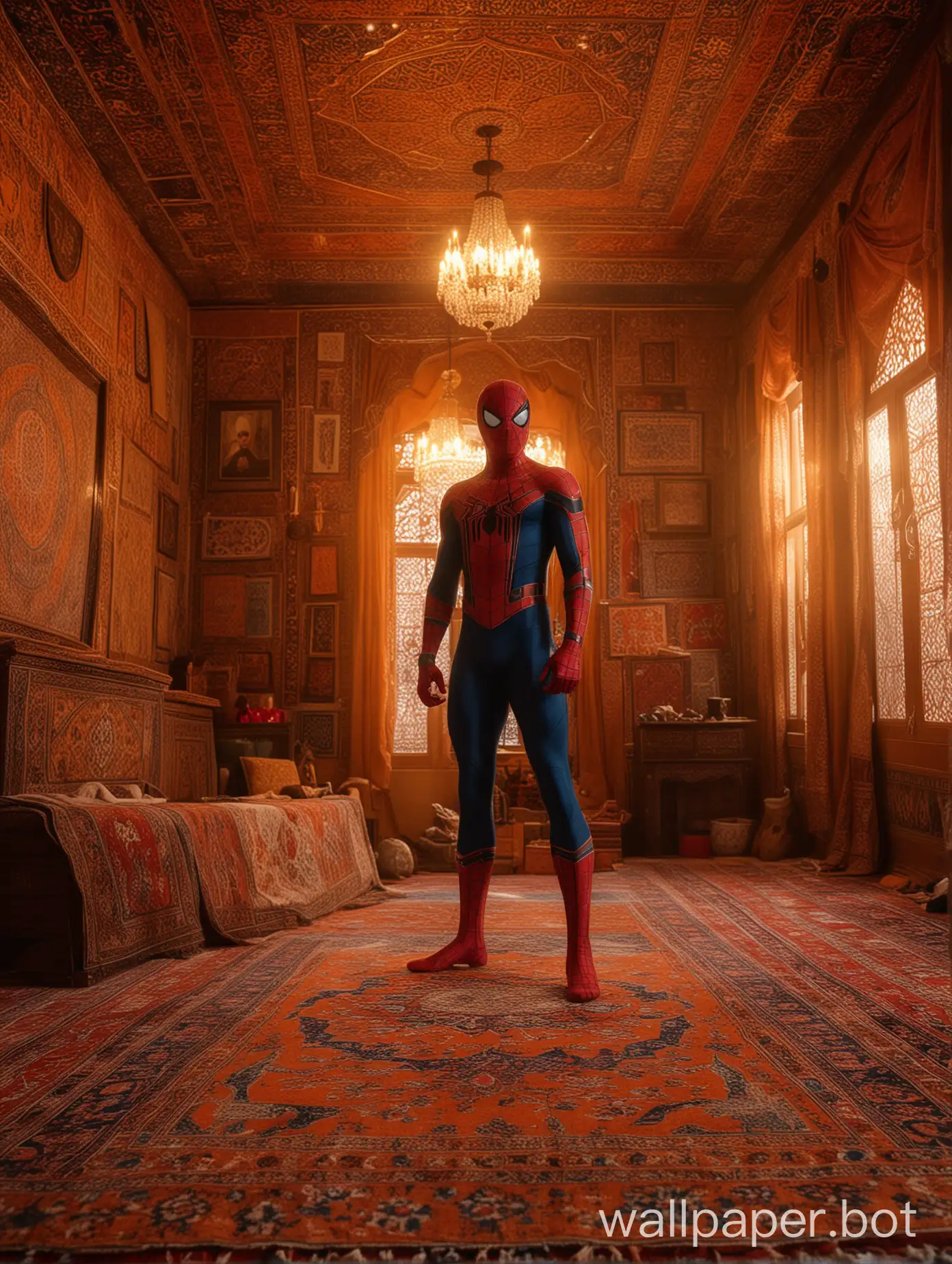 Spider-Man standing close to the camera in a traditional Iranian room with Persian carpets, holding a sign prominently in his hands. He is looking directly at the camera. The room is filled with intense orange light streaming through the back window. The focus is on Spider-Man and the sign he’s holding, set against the intricate patterns of the room