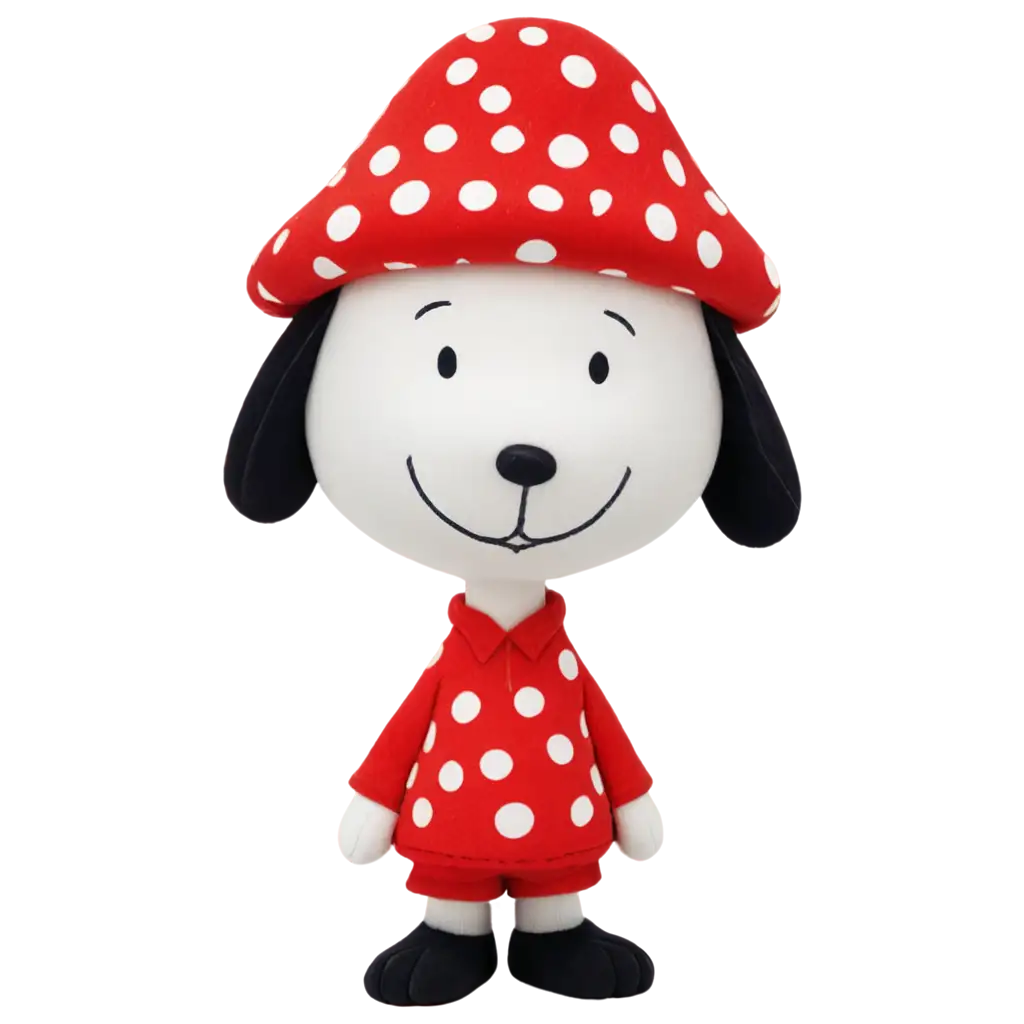 Snoopy sitting on a polkadot red mushroom