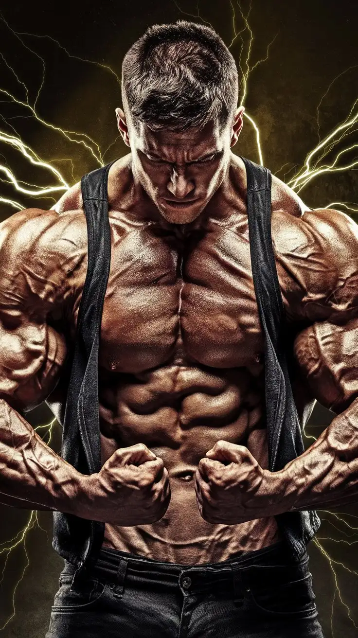 A hugely pumped, immensely powerful muscle god flexes reverently, engulfed in golden electricity. 25 years old.