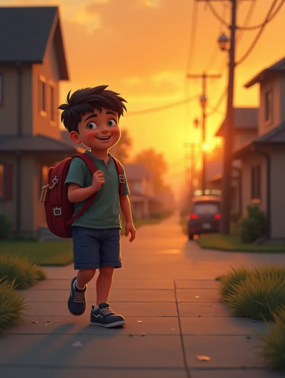 A young boy walked home from school, his bag bouncing on his back. He smiled, thinking about the day's lessons and games with friends. The sun dipped low, painting the sky orange. Passing familiar streets and waving at neighbors, he felt a comforting sense of belonging as he reached home.